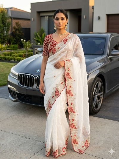 White Crush Tissue Sari Free Red Embroidered Stitched Blouse - BONYHUBSAREE