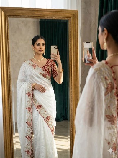 White Crush Tissue Sari Free Red Embroidered Stitched Blouse - BONYHUBSAREE
