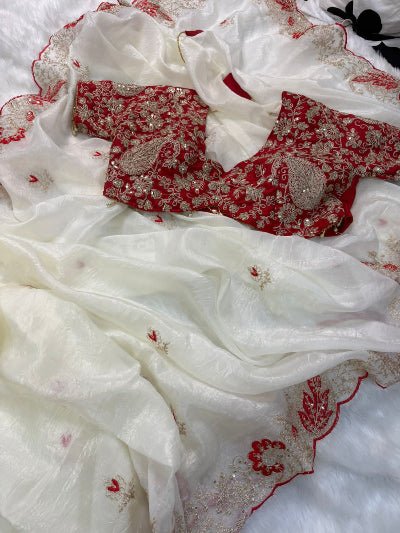 White Crush Tissue Sari Free Red Embroidered Stitched Blouse - BONYHUBSAREE
