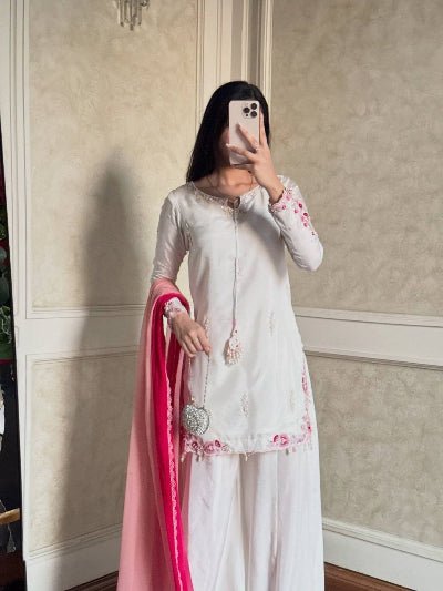 White Embroidered Crepe Silk Palazzo Suit with Pink Shaded Dupatta - BONYHUBSALWAR KAMEEZ