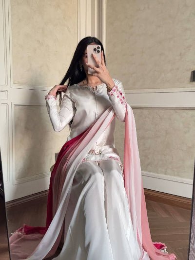 White Embroidered Crepe Silk Palazzo Suit with Pink Shaded Dupatta - BONYHUBSALWAR KAMEEZ