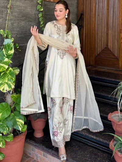 White Embroidered Ethnic Wear Farshi Suit Set UK Next Day - BONYHUBSALWAR KAMEEZ