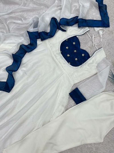 White Embroidered Fendy Silk Anarkali Suit Set - BONYHUBSALWAR KAMEEZ