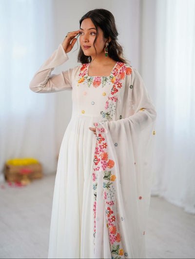White Embroidered Georgette Anarkali Suit Set for Women UK - BONYHUBSALWAR KAMEEZ