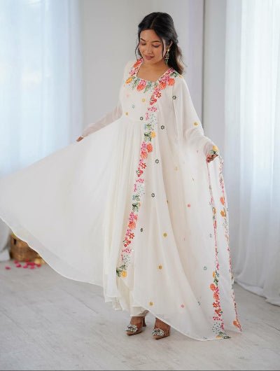 White Embroidered Georgette Anarkali Suit Set for Women UK - BONYHUBSALWAR KAMEEZ