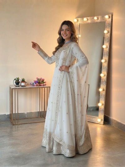 White Embroidered Georgette Gown Anarkali Suit Set for Women - BONYHUBSALWAR KAMEEZ