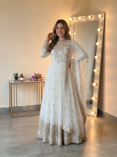 White Embroidered Georgette Gown Anarkali Suit Set for Women - BONYHUBSALWAR KAMEEZ