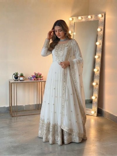 White Embroidered Georgette Gown Anarkali Suit Set for Women - BONYHUBSALWAR KAMEEZ