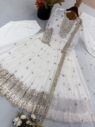 White Embroidered Georgette Gown Anarkali Suit Set for Women - BONYHUBSALWAR KAMEEZ