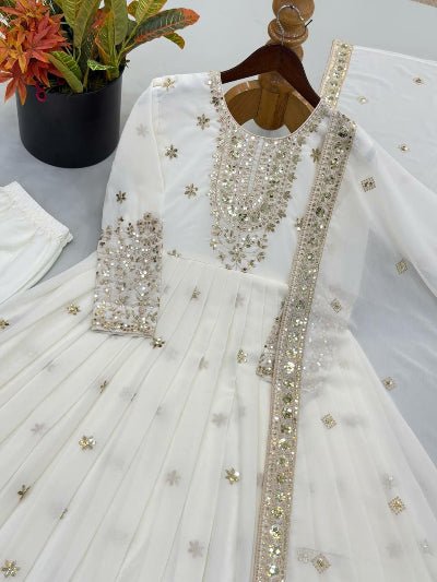 White Embroidered Georgette Gown Anarkali Suit Set for Women - BONYHUBSALWAR KAMEEZ