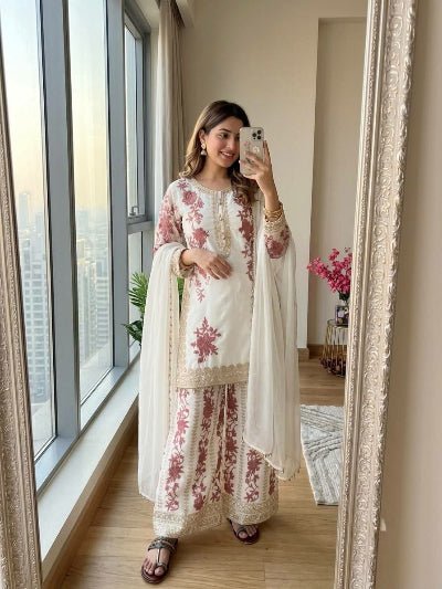 White Embroidered Georgette Palazzo Suit for Women | Asian Ethnic Wear UK - BONYHUBSALWAR KAMEEZ