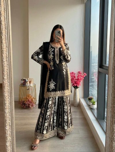 White Embroidered Georgette Palazzo Suit for Women | Asian Ethnic Wear UK - BONYHUBSALWAR KAMEEZ