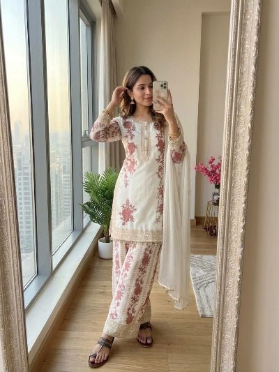 White Embroidered Georgette Palazzo Suit for Women | Asian Ethnic Wear UK - BONYHUBSALWAR KAMEEZ