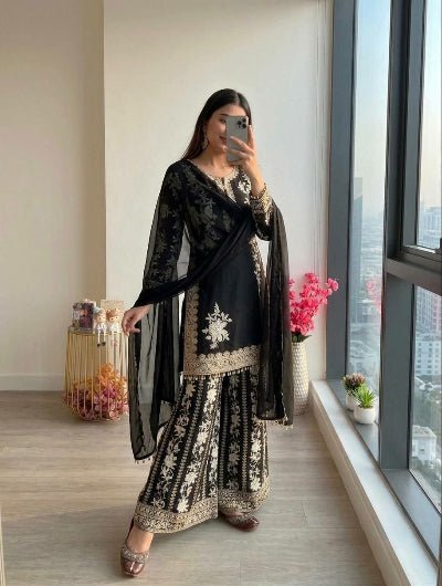 White Embroidered Georgette Palazzo Suit for Women | Asian Ethnic Wear UK - BONYHUBSALWAR KAMEEZ