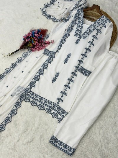 White Embroidered Georgette Thread Work Suit Set - BONYHUBSALWAR KAMEEZ