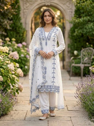White Embroidered Georgette Thread Work Suit Set - BONYHUBSALWAR KAMEEZ