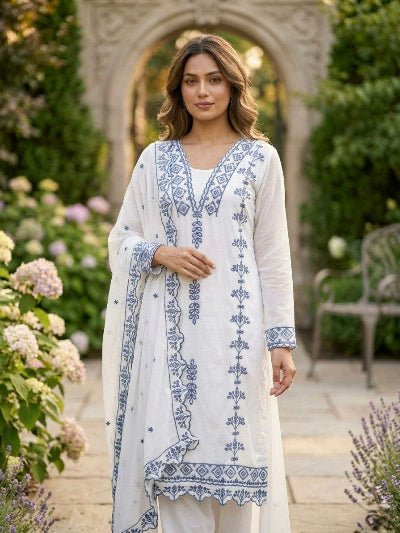 White Embroidered Georgette Thread Work Suit Set - BONYHUBSALWAR KAMEEZ