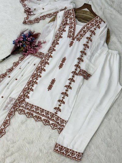 White Embroidered Georgette Thread Work Suit Set - BONYHUBSALWAR KAMEEZ