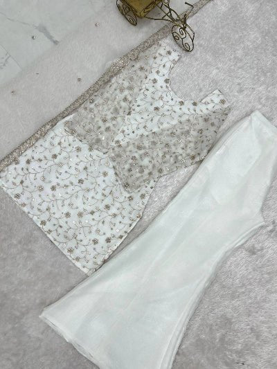 White Embroidered Kurta with Bell Bottom Pant &amp; Dupatta - BONYHUBSALWAR KAMEEZ
