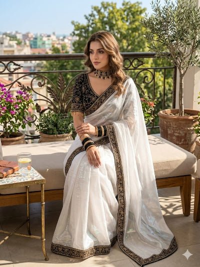 White Embroidered Ready to Wear Chiffon Saree with Stitched Velvet Blouse Asian Ethnic Wear - BONYHUBSAREE