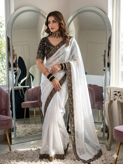 White Embroidered Ready to Wear Chiffon Saree with Stitched Velvet Blouse Asian Ethnic Wear - BONYHUBSAREE