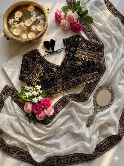 White Embroidered Ready to Wear Chiffon Saree with Stitched Velvet Blouse Asian Ethnic Wear - BONYHUBSAREE