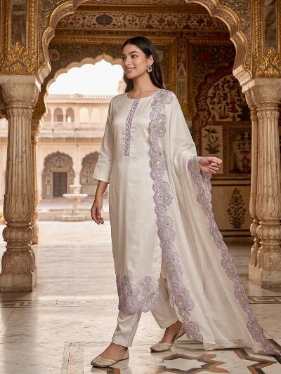 White Embroidered Roman Glass Silk Suit Set for Women UK - BONYHUBSALWAR KAMEEZ