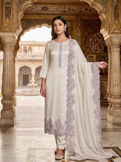 White Embroidered Roman Glass Silk Suit Set for Women UK - BONYHUBSALWAR KAMEEZ