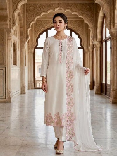 White Embroidered Roman Glass Silk Suit Set for Women UK - BONYHUBSALWAR KAMEEZ
