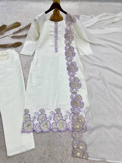 White Embroidered Roman Glass Silk Suit Set for Women UK - BONYHUBSALWAR KAMEEZ