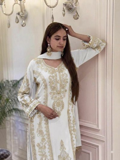 White Embroidered Sequins Work Georgette Straight Suit Set for Women - BONYHUBSALWAR KAMEEZ