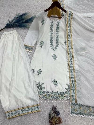 White Embroidery Farshi Salwar Suit Set with Dupatta - BONYHUBSALWAR KAMEEZ