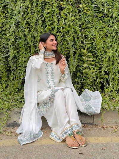 White Embroidery Farshi Salwar Suit Set with Dupatta - BONYHUBSALWAR KAMEEZ