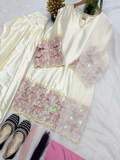 White Embroidery Moti Work Farshi Suit Set - BONYHUBSALWAR KAMEEZ