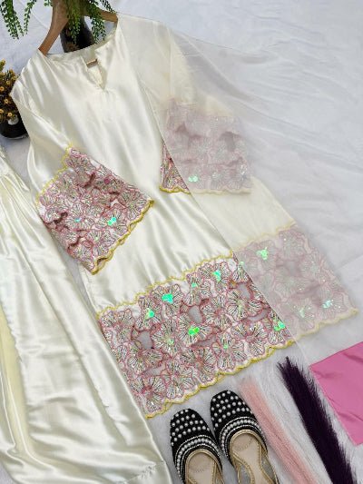 White Embroidery Moti Work Farshi Suit Set - BONYHUBSALWAR KAMEEZ