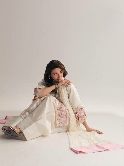 White Embroidery Moti Work Farshi Suit Set - BONYHUBSALWAR KAMEEZ