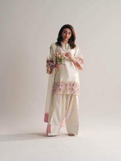 White Embroidery Moti Work Farshi Suit Set - BONYHUBSALWAR KAMEEZ