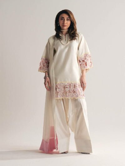 White Embroidery Moti Work Farshi Suit Set - BONYHUBSALWAR KAMEEZ