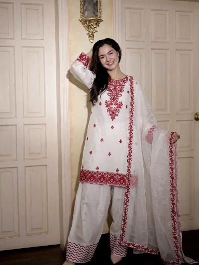 White Embroidery Thread Work Farshi Suit Set - BONYHUBSALWAR KAMEEZ