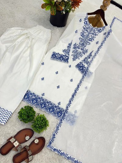 White Embroidery Thread Work Farshi Suit Set - BONYHUBSALWAR KAMEEZ