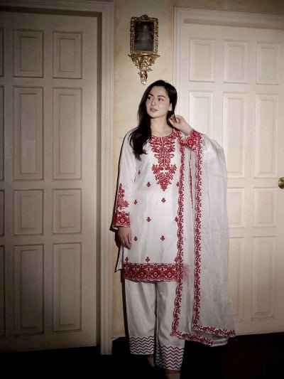 White Embroidery Thread Work Farshi Suit Set - BONYHUBSALWAR KAMEEZ