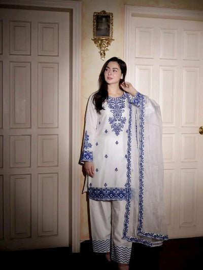 White Embroidery Thread Work Farshi Suit Set - BONYHUBSALWAR KAMEEZ