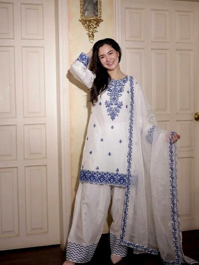 White Embroidery Thread Work Farshi Suit Set - BONYHUBSALWAR KAMEEZ