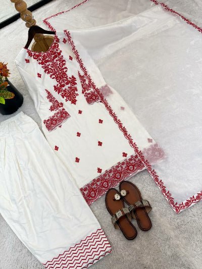 White Embroidery Thread Work Farshi Suit Set - BONYHUBSALWAR KAMEEZ