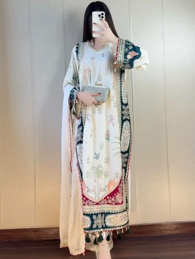 White Embroidery Work Straight Suit For Women - BONYHUBSALWAR KAMEEZ