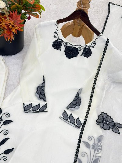 White Ethnic Black Embroidery Work Farshi Suit UK Next Day - BONYHUBSALWAR KAMEEZ