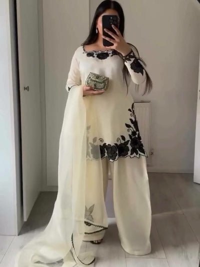 White Ethnic Black Embroidery Work Farshi Suit UK Next Day - BONYHUBSALWAR KAMEEZ
