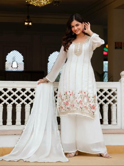 White Floral Embroidered Palazzo Suit for Women | Asian Ethnic Wear UK - BONYHUBSALWAR KAMEEZ