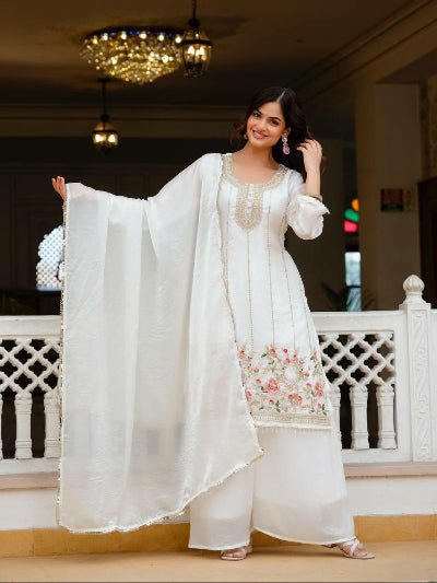 White Floral Embroidered Palazzo Suit for Women | Asian Ethnic Wear UK - BONYHUBSALWAR KAMEEZ