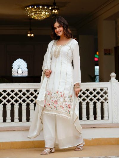 White Floral Embroidered Palazzo Suit for Women | Asian Ethnic Wear UK - BONYHUBSALWAR KAMEEZ